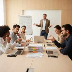 A team struggling to identify the true decision-maker amid contradictory instructions, illustrating the power fog pattern.